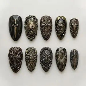 Handmade Dark Fantasy Press On Nails, Gothic Sword-Cross-Armor Design, Medieval Ram-Scorpion Mystic 3D Antique Metal Nail Set