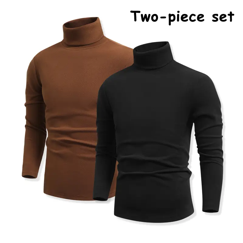 Men's Stylish 2-Pcs Set Plain Menswear Polyester Blend Turtleneck Long Sleeve Thermal Layering Clothes, Stretch Fabric Soft Minimalist Solid Color Casual Tops