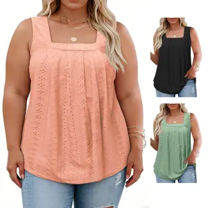 Plus-Size-Tank-Tops Summer Cute Sleeveless Loose Fit Pleated Shirts Cozy Lightweight Square Neck Tunics Chic Eyelet Flowy Womens Tees XL-5XL RPS2078 vacation