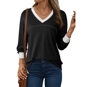 Dokotoo Women Blouses Dressy Casual Long Sleeve Shirts V Neck Color Block Tops Fall Outfits 2026