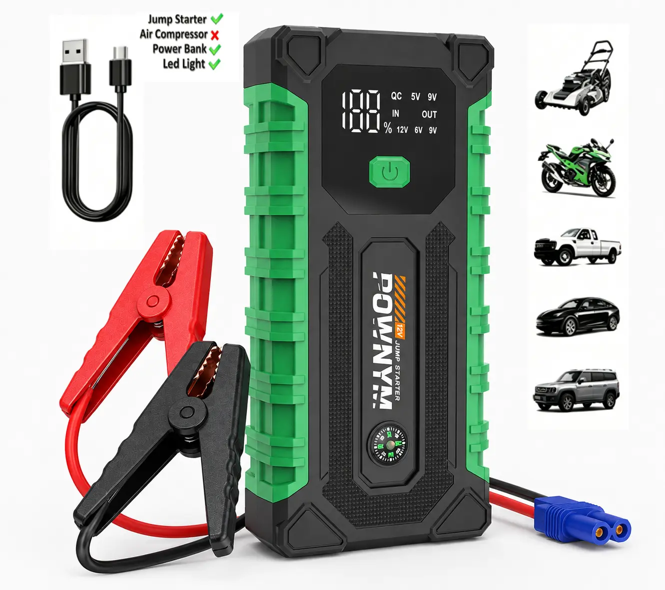 POWNYM 12V Lithium Ion Jump Starter (6000A Peak Current) - Automotive Tools Car Accessories Batteries Booster Pack, Portable Power Bank with Jumper Cables for 8.5L Gas Engines
