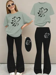 Girls' Black Watercolor World Map Set: Loose-Fit Short-Sleeve Top + Comfortable Flared Pants Two-Piece Set – Trendy Travel-Inspired Casual Outfit (Sizes 120–160)