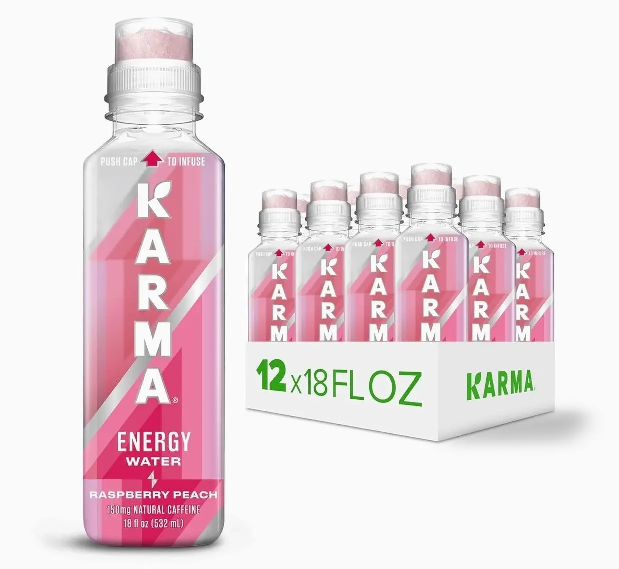 Karma Energy Drink – 12 Pack, Raspberry Peach Caffeinated Water with Cognizin Nootropics, Vitamins & Immune Support, Low Calorie