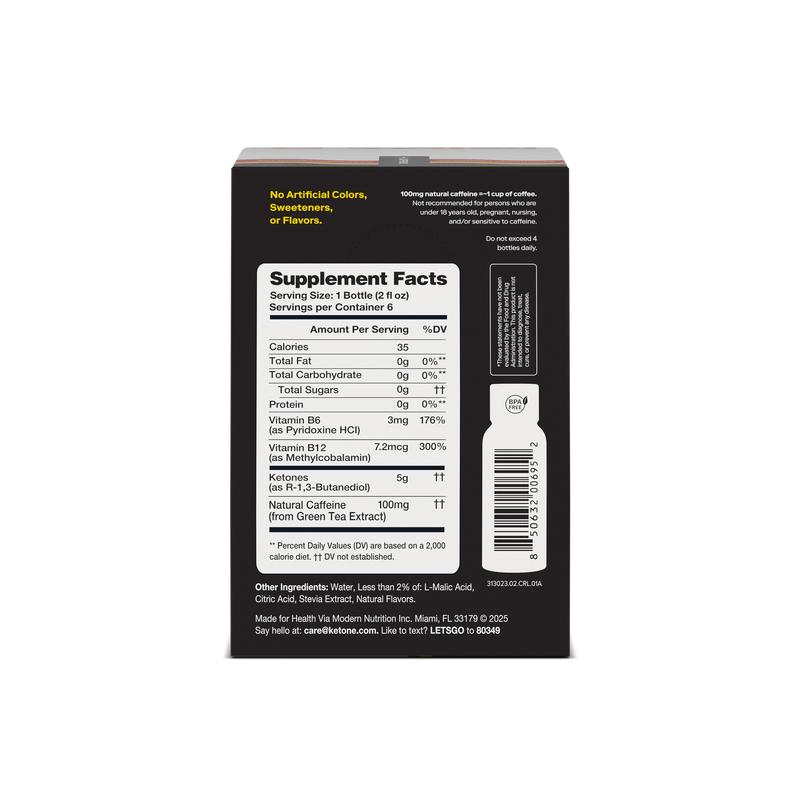 Ketone-IQ Caffeine Energy Shot for Focus & Energy - No Sugar, Natural Caffeine, 100% Vegan - Raspberry Lemonade Flavor - 6 Shots