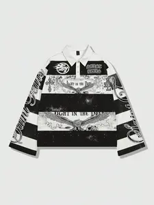 SAINT TEARS Urban Casual Black and White Stripes Loose Long Sleeve Polo Shirt – Angel & Eagle Graphic, Trendy Streetwear