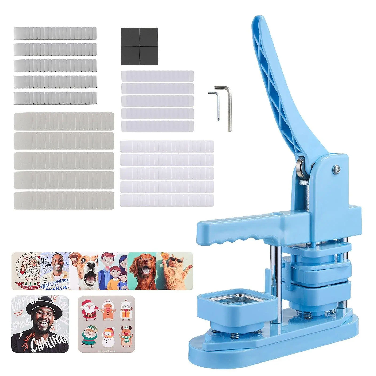 Button Maker Machine, 1.97 x 1.97 in Square, Plastic Pin Maker with Tinplate Front Shells, Plastic Back Covers, Magnetic Backings and Transparent Films, Ergonomic Handle, for DIY Badges, Blue