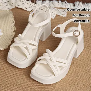 Women's Chunky Heel Sandals - New Summer Fashion Casual Comfortable Shoes with Platform, Cross Strap Wedge Heels, Trendy Versatile Light Luxury Niche Elegant High Heel Sandals, Suitable for Weddings, Banquets, Dinners, Beach, Office, and Home Wear