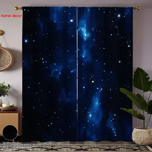 2pc Deep Blue Galaxy Print Dreamy Curtains, Home Decoration Curtain, Cosmic Sci-Fi Fabric Long Drapes with Nebula Texture, Light Blocking & Privacy Protection for Bedroom Decor