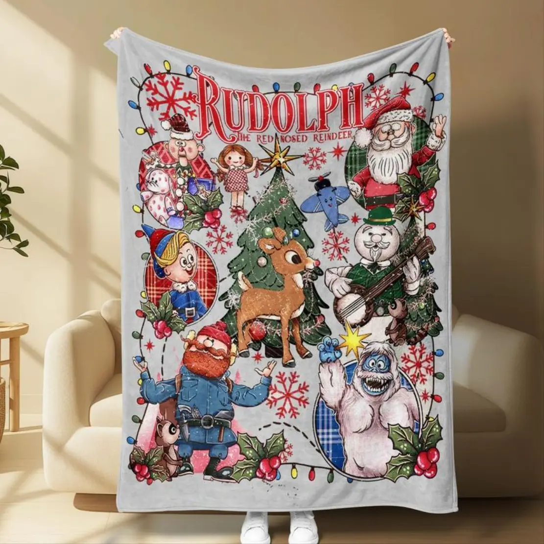 Rudolph the Red - Nosed Reindeer Christmas - Themed Blanket| Sofa Binging Throw, AC Home Blanket, Outdoor Picnic Vibe For Christmas party decor, winter family movie nights, Cartoon Blanket Halloween and Christmas Gifts