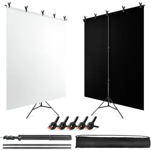 Black White Backdrop Screen with Stand Kit for Photo Video Studio Filming 5X6.5ft, Black Backdrop White Photo Curtain Background with T Shape Stand and 5 Spring Clamp for Photography Party Decorations