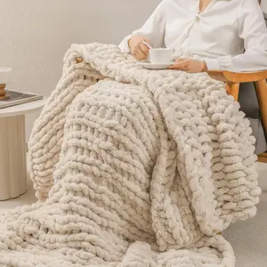 Chunky Knit Throw Blanket 60x80 Inches Handmade, Soft Jumbo Chenille Yarn with Cable Rope Knot Design |     Thick Cozy Large Blanket for Couch, Sofa, Bed &