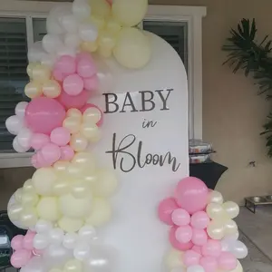 Organic Balloon Garland with Arch Backdrop and Vinyl Letters Baby in Bloom for Baby Shower Decorations Pink & Yellow Balloons