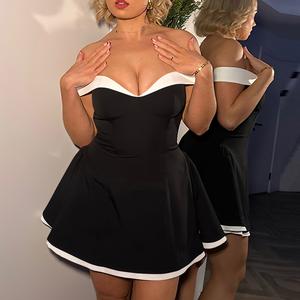 OYV Women's Colorblock Off Shoulder A Line Dress, Party Club Mini Dresses,Ladies Summer Clothes