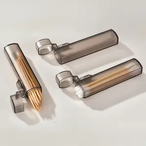 1pc Portable Clear Plastic Toothpick & Swab Holder, Leak-Proof Travel Organizer with Metal Cylindrical Design, Compact Desktop Multipurpose Storage for Home, Outdoor Use, Portable Storage, Clear Plastic Container, Portable Storage Can