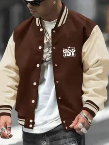 Men's Casual Sporty Letter Print Jacket, Light Stretch Regular Fit, Baseball Collar, Button Closure, All Seasons Outerwear