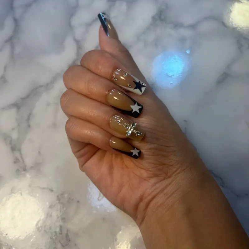Press-On Nails, Rockstar Black, Medium Size, Coffin Shape with French Tip