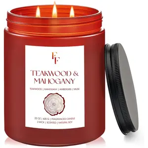 Teakwood & Mahogany Large Christmas Scented Candle, 3-Wick 22oz Long Lasting Scented Candle,  Soy Wax  Candle for , Holiday Candle Gifts for Women Men