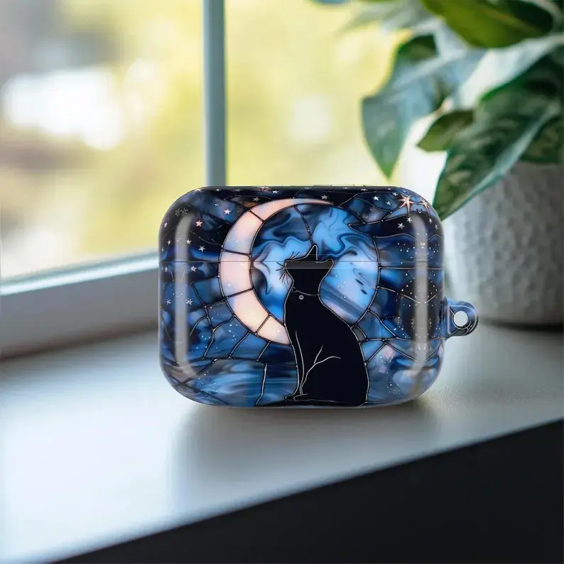 2D Flat Print Celestial Black Cat Stained Glass Moon Case Cover Compatible with AirPods Pro 2 1 3, AirPods 4 3 2 1 - Cute Witchy Starry Night Aesthetic Glossy Hard Protective Case