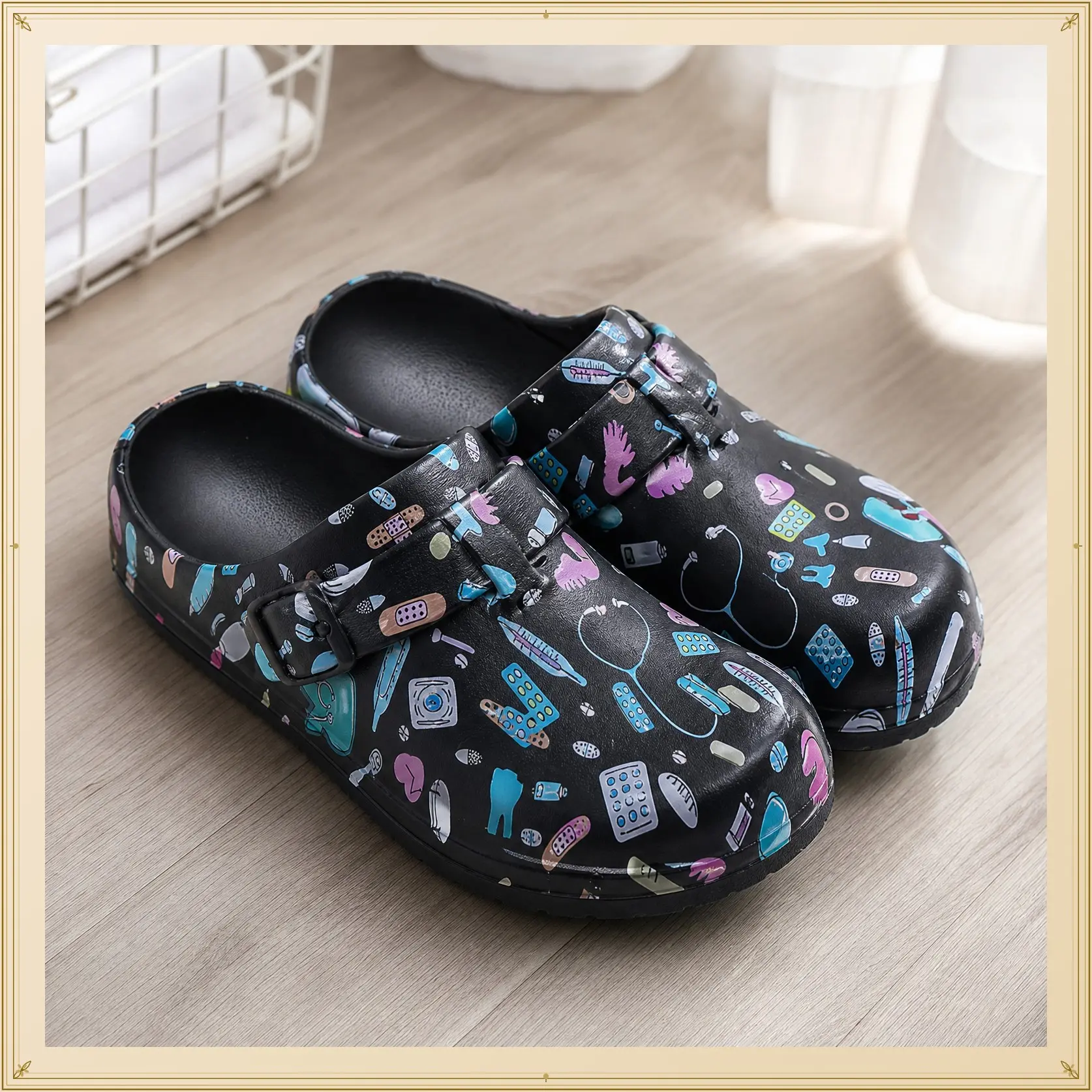 Medical Healthcare Workers Cartoon Print Platform EVA Clogs Mules Walking Shoes with Beautiful Print - Women Footwear Comfort Lightweight Buckle Water-Resistant Stylish & Practical Girl classic slip-on fashion walk shoe slipper Women's