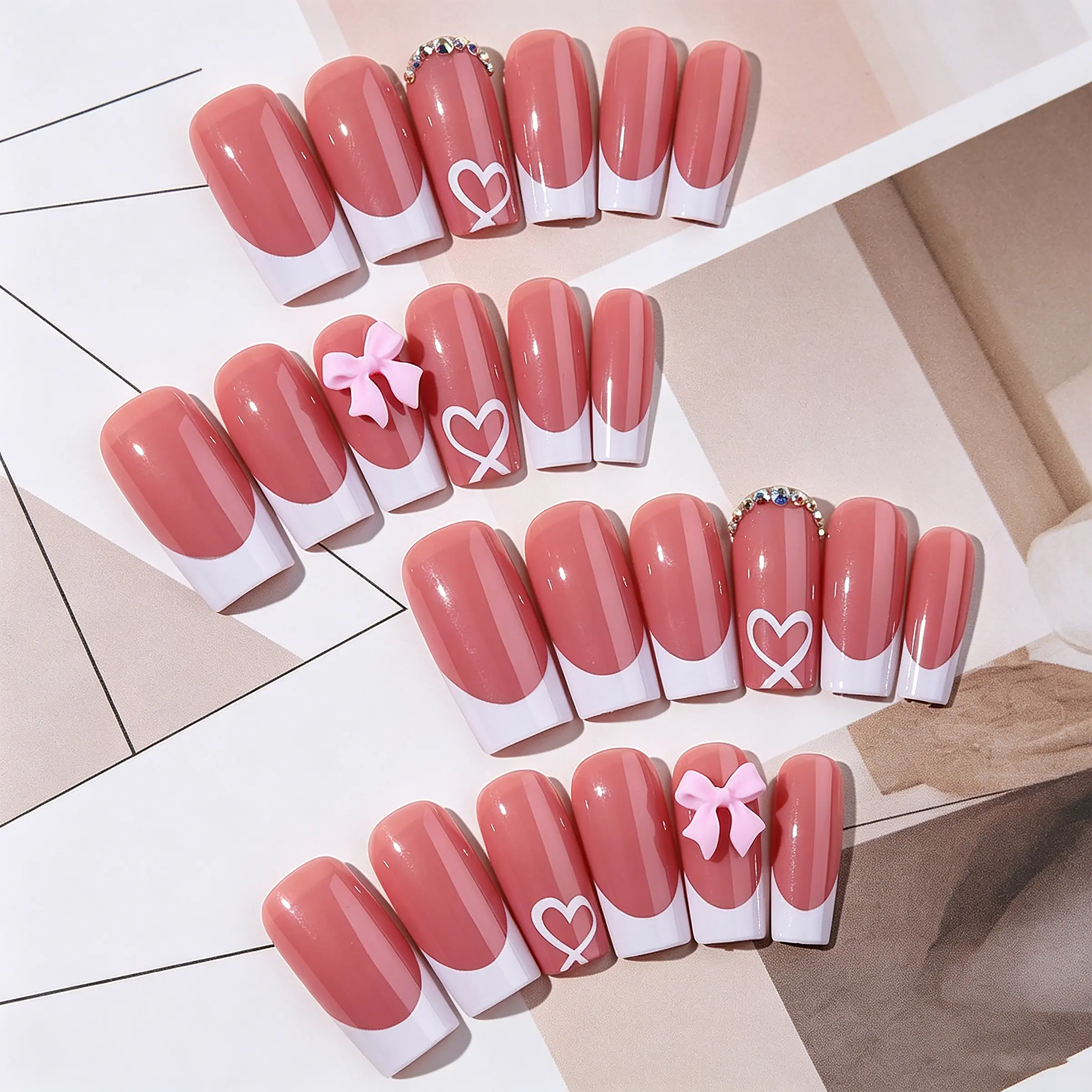 Handmade Coquette Press On Nails, 24Pcs Pink French Tip with 3D Embellished Hearts & Bows, Reusable Soak Off ABS Nail Art, Birthday Gift for Women, Pink Bow French Tip Nails, Birthday Gifts