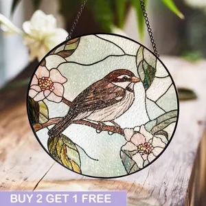 Charming Sparrow Round Glass Panel with Floral Design - Perfect Window or Wall Accent for Nature Lovers