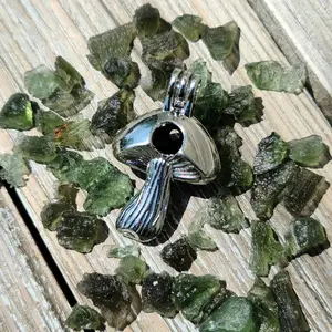 Moldavite Mushroom Cage Pendant - Transformation,  manifestation,  Crystal Pendant, Witchy, cage pendant, Tektite
