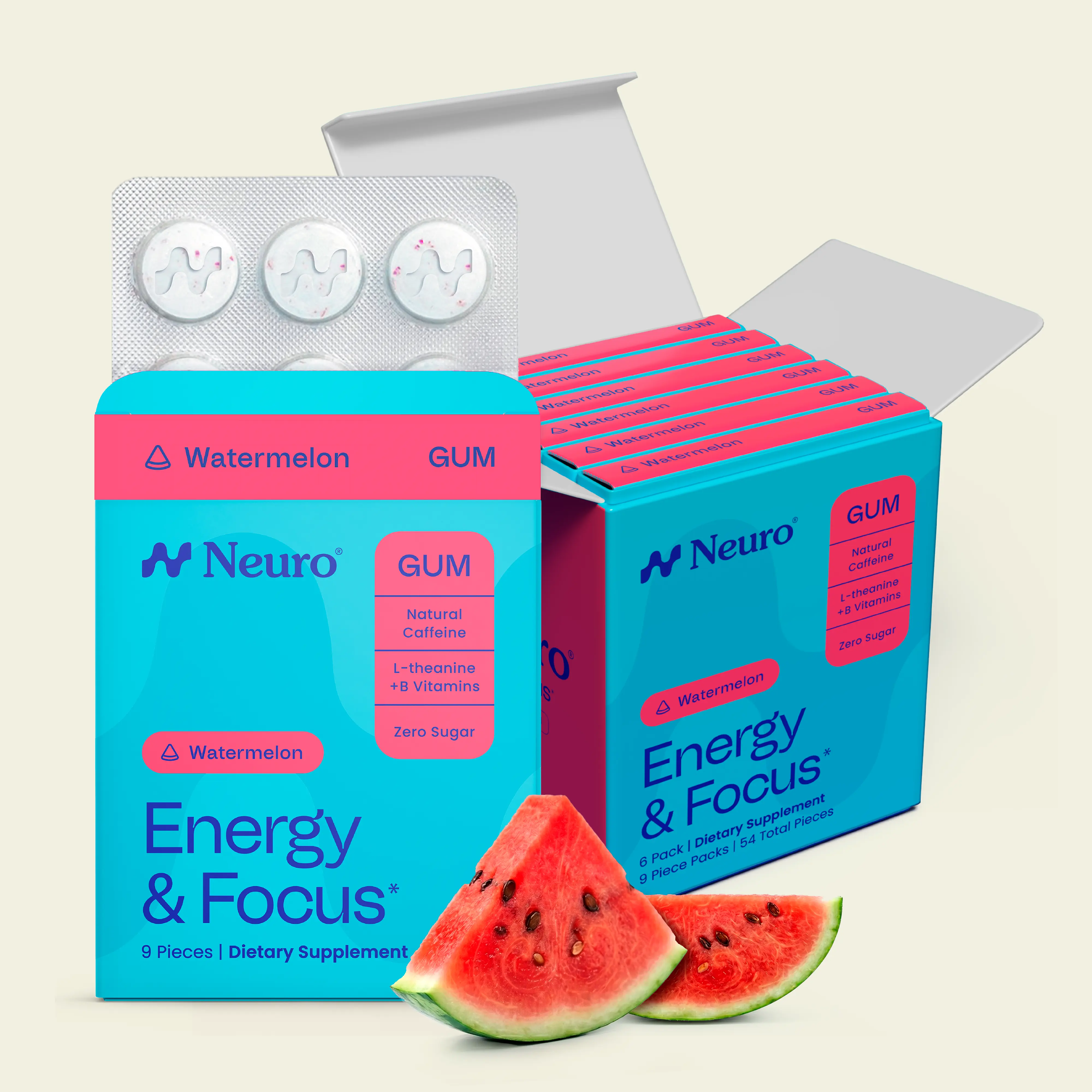 Neuro Watermelon Energy & Focus Gum (54 Pieces) - Sugar Free with Natural Caffeine, L-Theanine, Vitamin B12 & B6 | No Jitters, No Crash Neuro Watermelon Energy & Focus Gum (54 Pieces) - Sugar Free with Natural Caffeine, L-Theanine, Vitamin B12 & B6 | No Jitters, No Crash