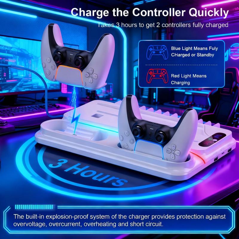 Ukor PS5 Cooling and Charging Dock for PlayStation 5 Standard & Slim Consoles Dual Controller Charger 3-Speed Fan RGB Lighting Headset Hook 3 USB Hubs Springtok Gaming Cooler Accessories ps5 accessories controller Organizer Wearable Headphones