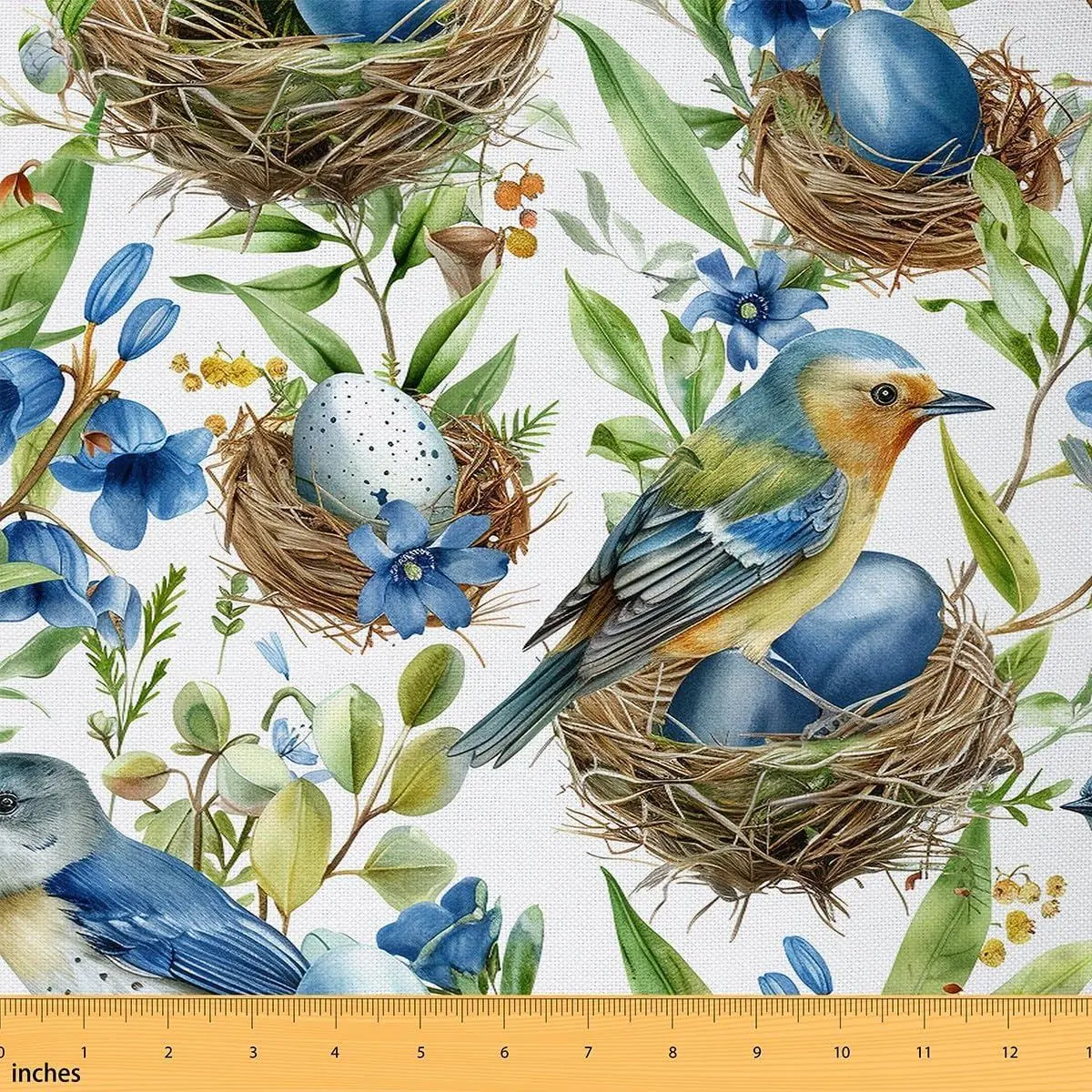 Exotic Birds Fabric,Rustic Botanical Leaves Plants Flannel Polyester Fabric,Blue Eggs Flowers Quilting Supplies Sewing,Farmhouse Style DIY Crafts