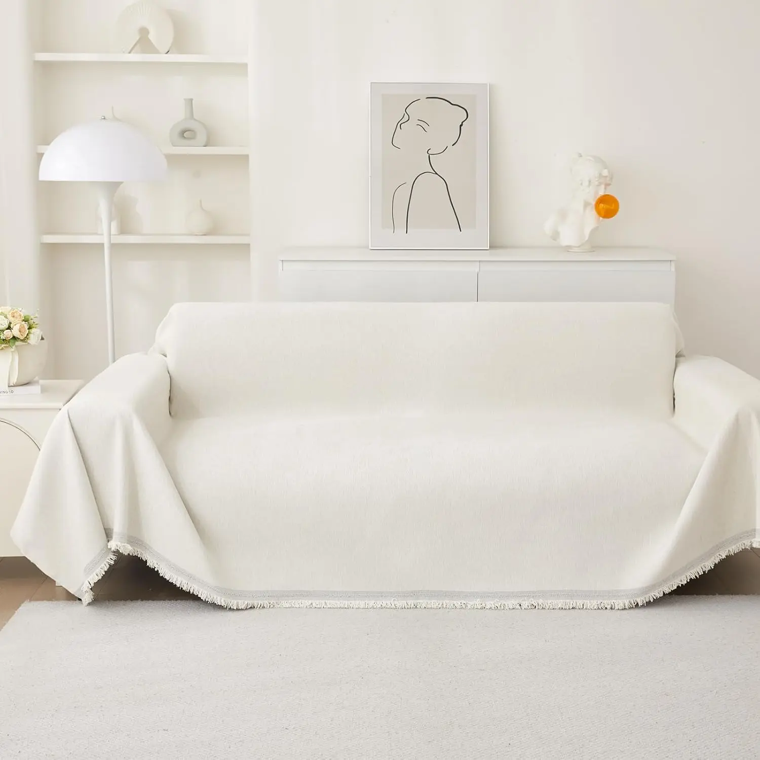 Large Couch Cover Blankets For Sofa,Thick  Couch Cover For Cats,Sofa Covers for 3 Cushion Couch Loveseat Sectional Chenille Couch Covers for Sofa  Decor Living Room,Cream White,91"X150"