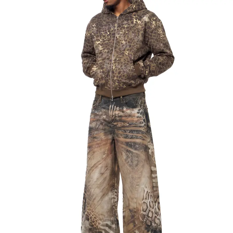 FDR Cotton Unisex Baggy Leopard Print Jeans, Retro Animal Print Wide Leg Denim Pants, Relaxed Fit Vintage Streetwear, Soft Washed Denim with Pockets for Everyday Casual Wear and Skate Style, Fashion Apparel Vibe, Clothes