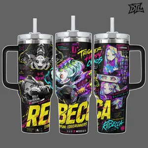 Cyberpunk Edgerunners Rebecca 20oz, 40oz Insulated Tumbler with Handle and Straw | Stainless Steel Travel Mug Night City Trigger Happy Chaos Neon Anime Merch Double Wall Coffee Cup Leakproof Car Friendly Gift