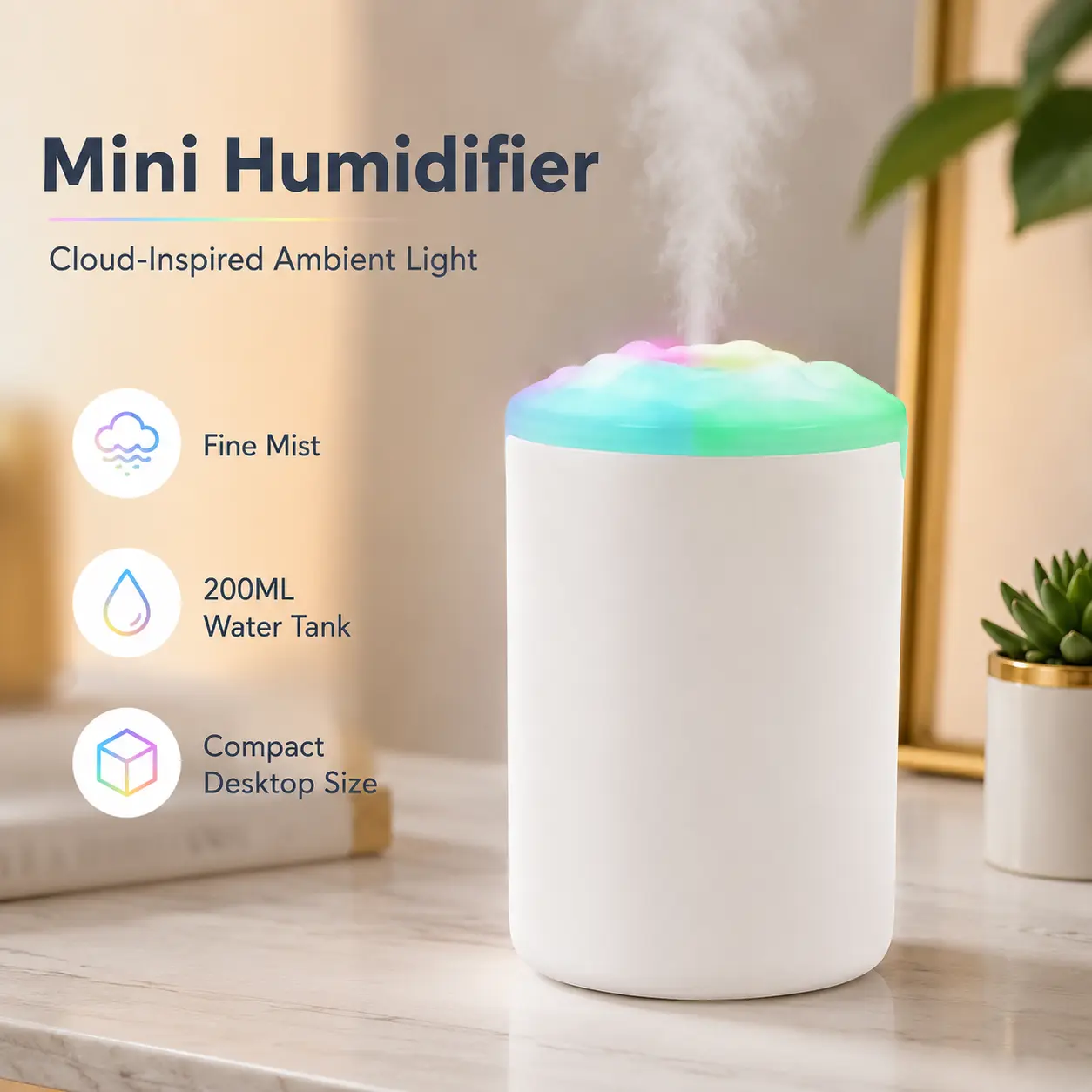 130ML Mini Humidifier with Colorful Ambient Light, Cloud-Inspired Cool Mist Desktop Air Humidifier, Portable Fine Mist Humidifier for Bedroom, Office, Bedside, Study Room and Home Use
