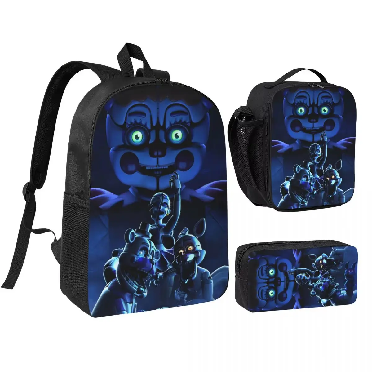FNAF Movie Cartoon 3-Piece Canvas Backpack Set, Teenage Lunch Bag, Pencil Case