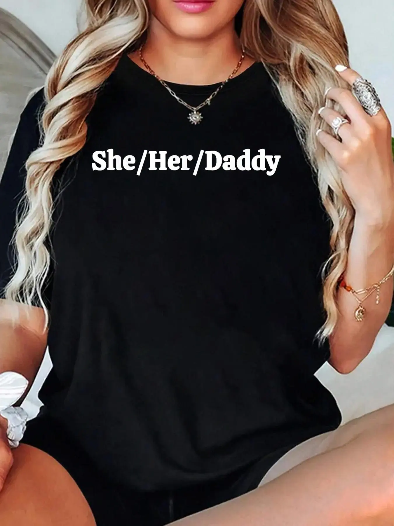 Women's Funny Lesbian Pride Graphic Tee, She Her Daddy Vintage Style Print, Casual Loose Fit 100% Cotton Short Sleeve Top, Tops, Round Neck, Jackets, Shortsleeve, Vintage Tee, Graphic Print, All Seasons
