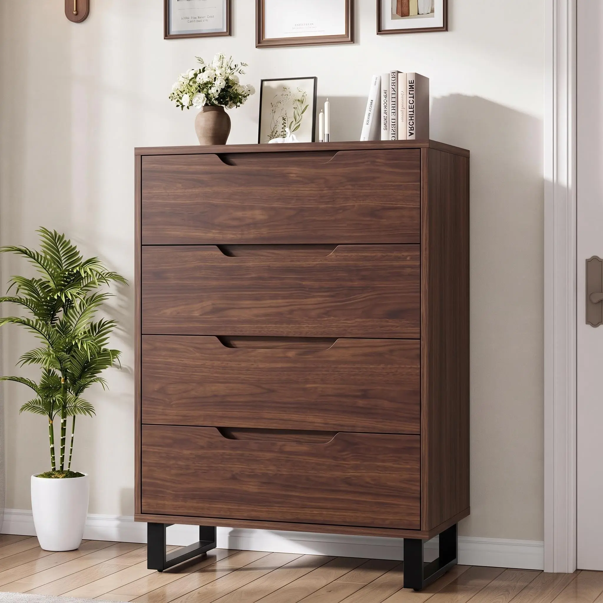 Garvee Rustic Chic 4-Drawer MDF Wood Vertical Dresser, 41.7" Tall Freestanding Storage Chest with Deep Drawers & Detachable Legs for Bedroom, Living Room