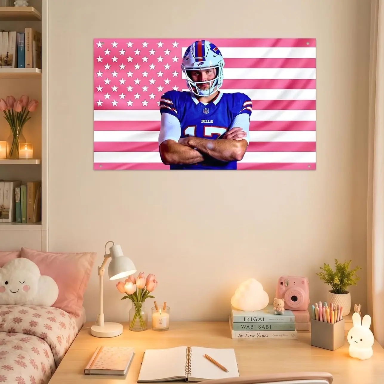 Josh Allen Buffalo Football Flag Wall Tapestry, Pink American Flag Wall Flag, Quarterback Room Decor, Sports Fan Gift