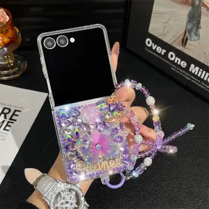 For Samsung Galaxy Z Flip 7 FE 6 5 4 3 Flip7 5G Luxury Crystal Vivid Butterfly Flower Diamond Stone Pearl Wrist Phone Case Cover