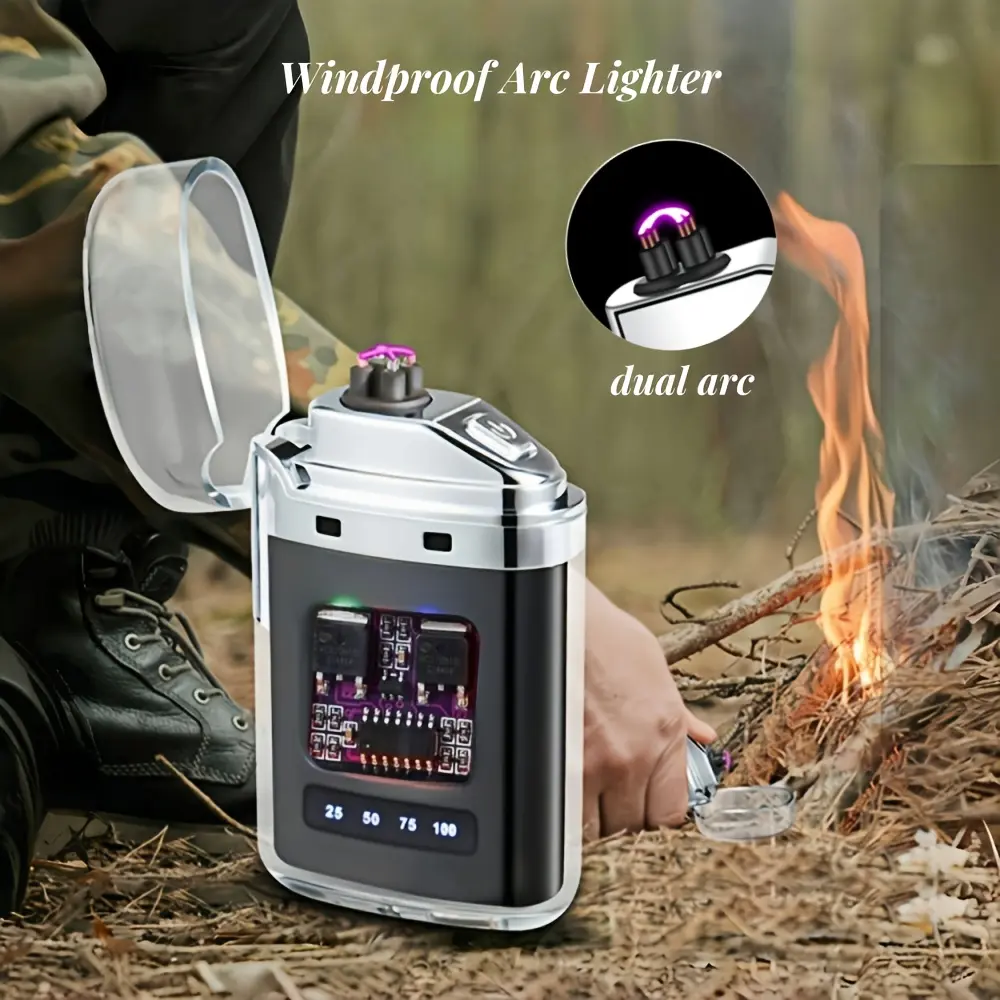 1pcs Windproof Electronic Flameless Lighter,Dual Arc Flameless Lighter, USB Rechargeable Lighter, Compact & Portable for Camping, Travel, Windproof Lighter Ideal for Outdoor Camping,Hiking, Sleek Design