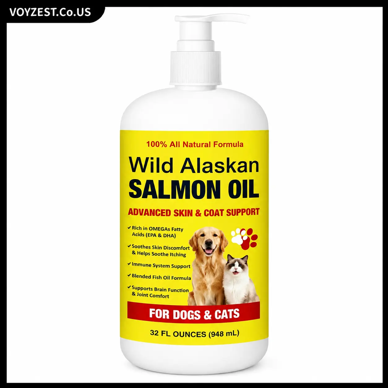 Salmon Oil for Dogs & Cats, 32 oz Omega 3 Fish Oil with EPA & DHA, Supports Healthy Skin & Coat, Soft Shiny Fur, Immune & Heart Health, Liquid Pet Supplement
