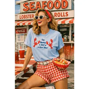 Oversized Nautical Lobsters Embroidered Blue T-shirt