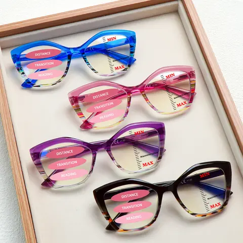 4-Piece Progressive Multifocal Blue Light Blocking Reading Glasses For Women Large-Sized Frames With Vibrant Retro Floral Prints Timeless Fashion Statement Spring Hinges For Comfortable Daily Wear