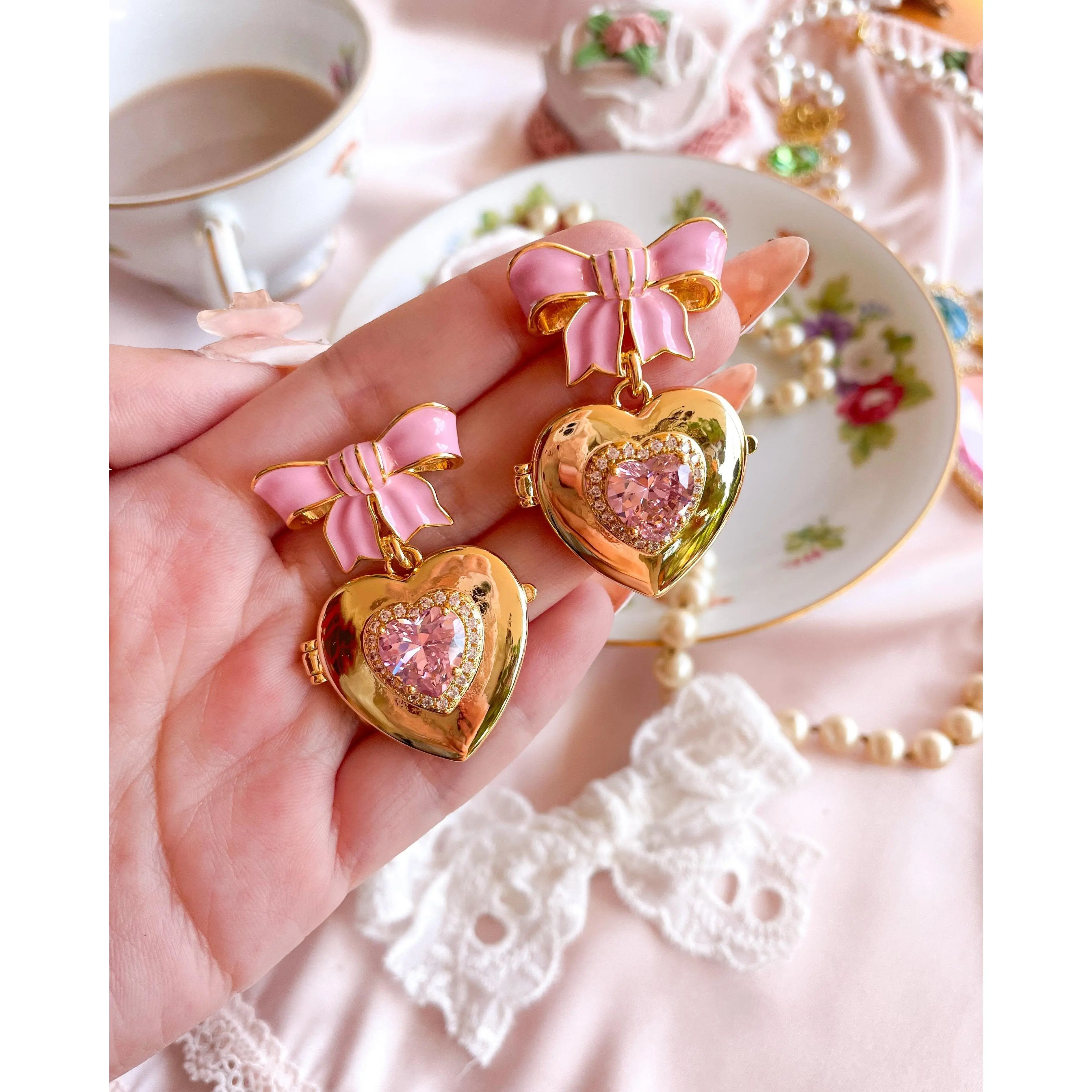 Coquette Fashion Earrings for Women, Gold-Plated Heart Drop with Pink Enamel Bow and Cubic Zirconia Stones, Fashion Earring