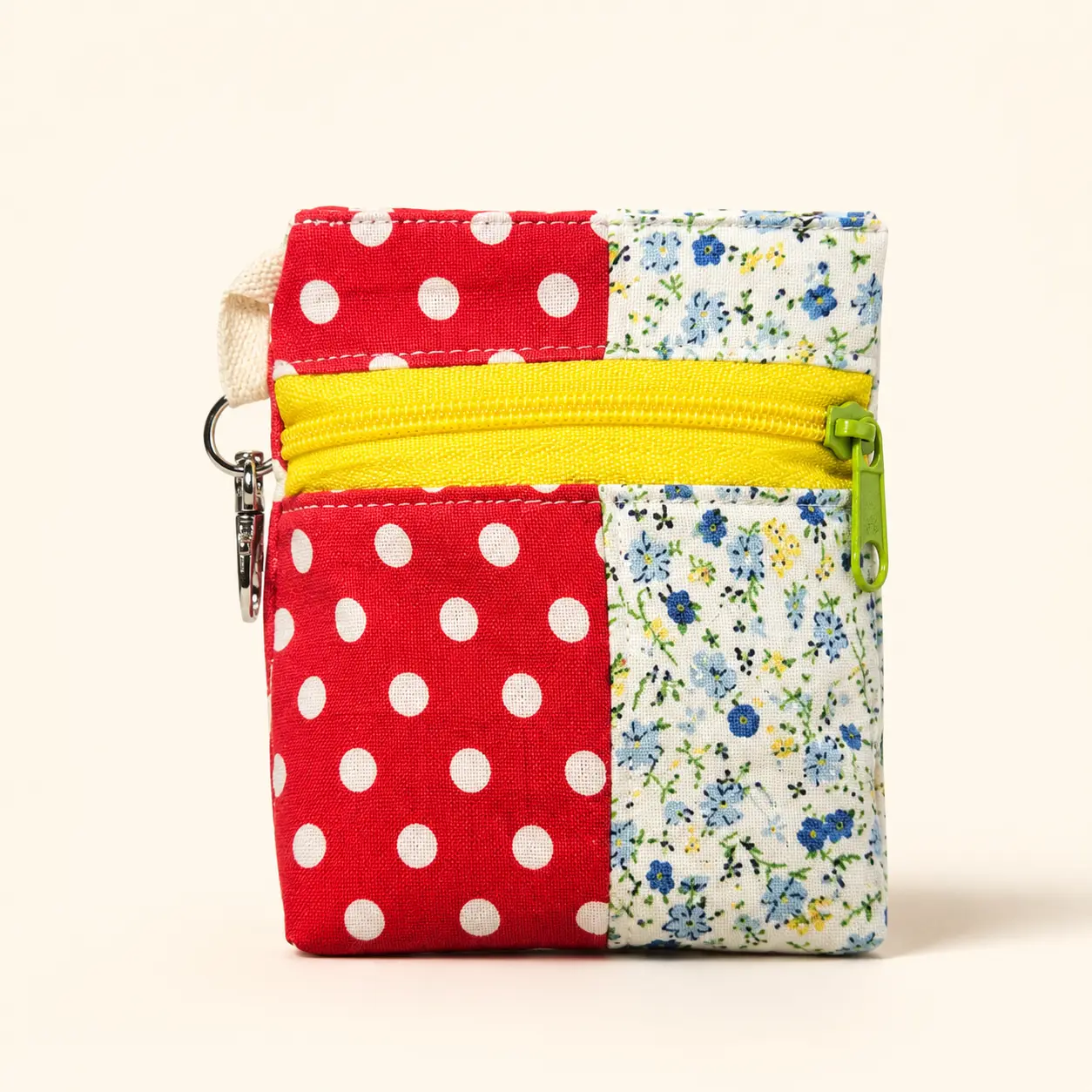 Handmade Standing Zipper Pouch – Red Polka Dot & Blue Ditsy Floral / Yellow Zipper