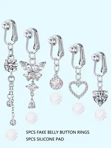 Heart & Butterfly Cubic Zirconia Decor Non-piercing Clip Belly Piercing Belly Button Rings, 5Pcs Belly Piercing Jewelry and 5Pcs Silicone Pad for Party, Daily Clothing Decor for Girl, As Birthday Gift for Back To School