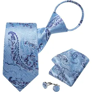 DiBanGu Mens Adjustable Zipper Ties, Woven Paisley Striped Plaid Necktie and Pocket Square Cufflinks Set Pre-tied Wedding Tie