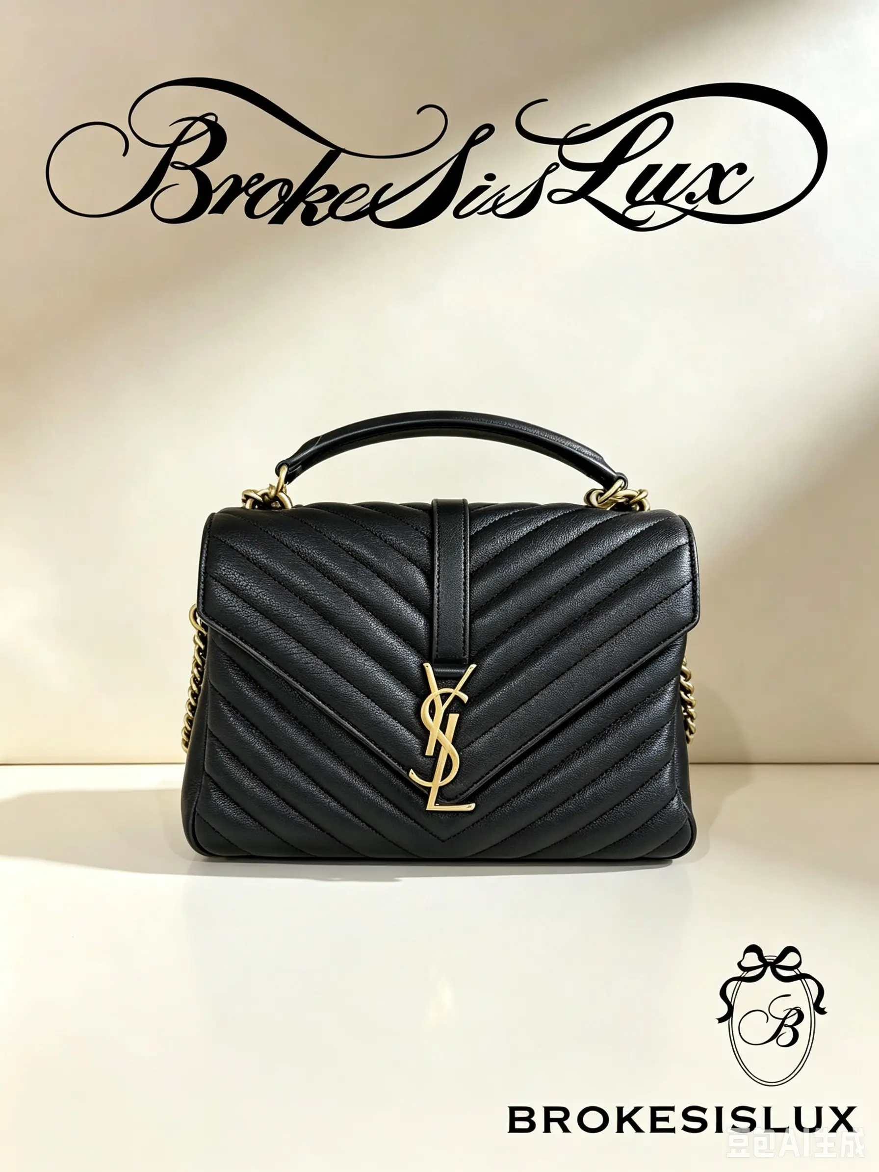 Pre-owned Yves Saint Laurent LouLou Medium Handbag, Black Grain Calfskin, V Chevron Quilting, Gold YSL Interlocking Logo, Short Matching Leather Top Handle, Leather Woven Gold Convertible Chain Strap