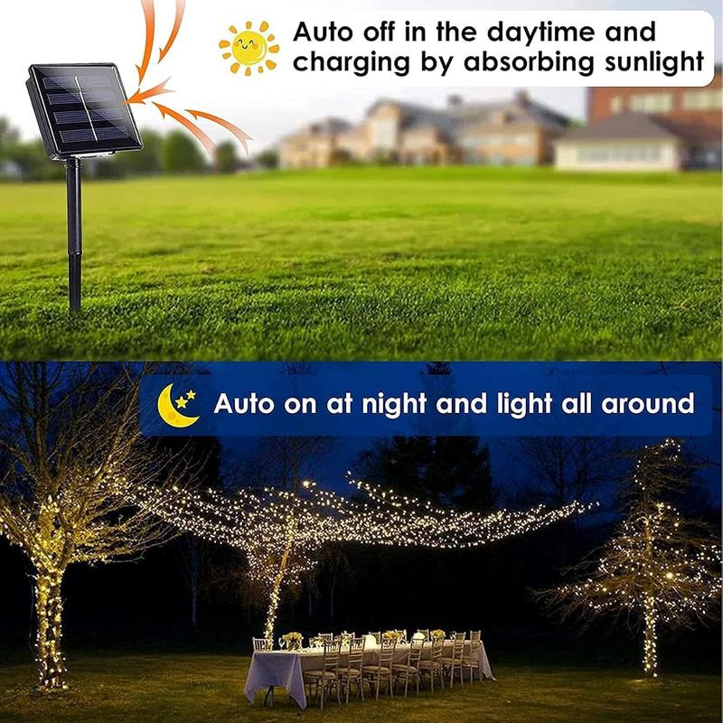 Solar-powered decorative string lights: The warm light version contains 200 LEDs, while the white light version contains 300 LEDs. They support 8 different flashing effects, making them perfect for decorating Christmas scenes, as well as for embellishing