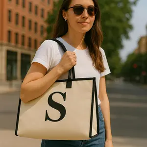 Cotton Personalized Everyday Canvas Initial Tote Bag For Women Monogrammed Large Branded01 Minimalist Style 100% Cotton Beach Utility Bag
