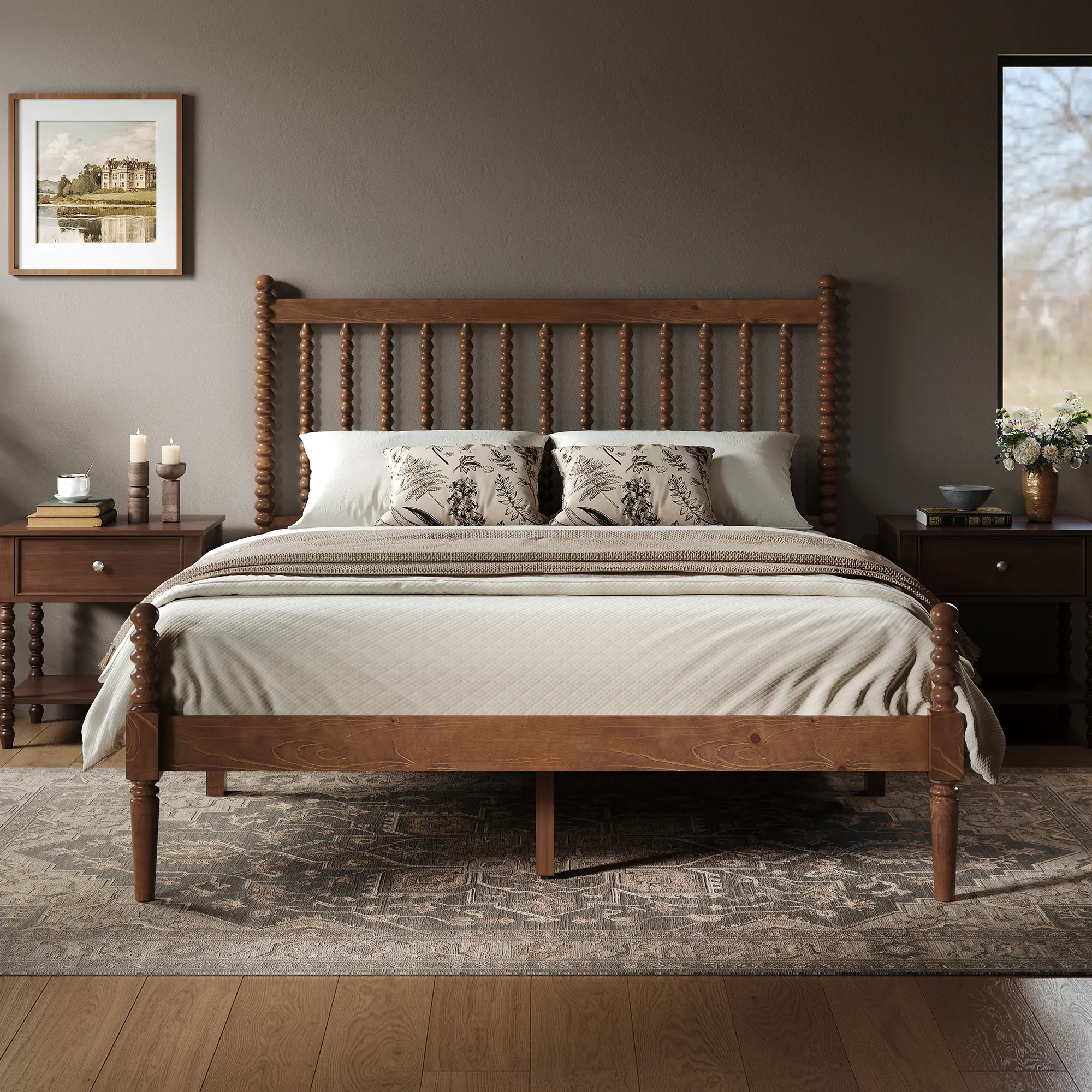 AMERLIFE Full/Queen/King Solid Wood Bed with Bobbin Spindle Headboard, Dark Walnut/ Brown Wood Platform Bed Frame with 47.2" Headboard, Vertical Turned Posts, Heavy-Duty Wooden Slats Support, Noise-Free/Christmas Gifts/Best Gift Ideas/Cozy Home